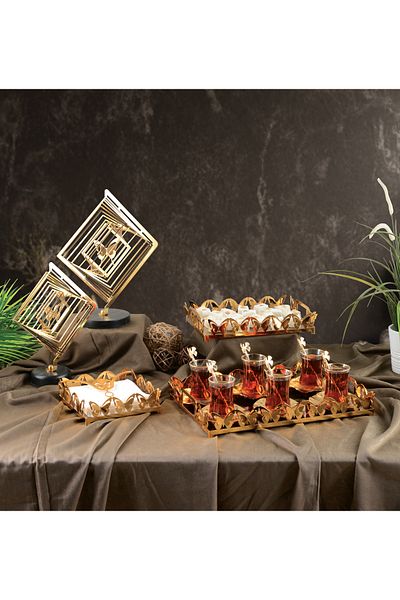 HELVACIOĞLU AKSESUAR Set of 2 Butterfly Laser Handled Rectangular Presentation Tray (21X29 cm - 26X40 cm) Gold