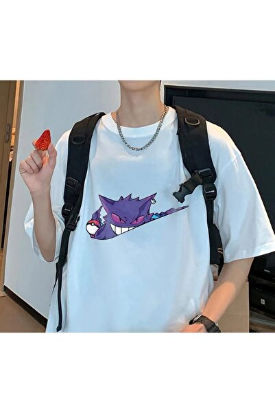 Le Savu Покемон Генгар Принтирана бяла унисекс тениска с голям размер Le Savu