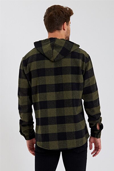 YNGMENCLASS Ανδρικό πράσινο κασμίρ καρό πουκάμισο με κουκούλα με φερμουάρ και χοντρό ξυλοκόπο