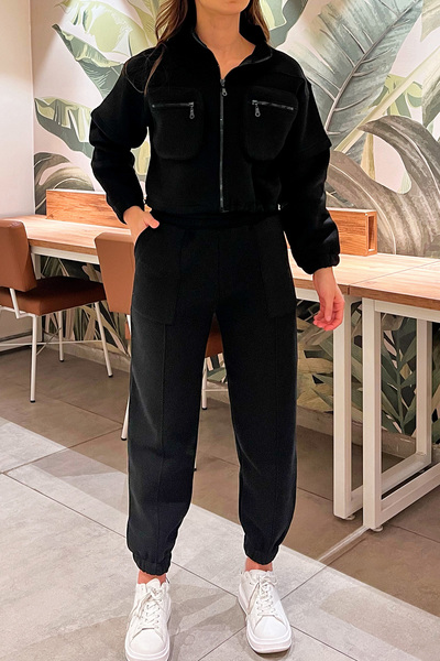 GÜLSELİ Black Bag Pocket Ribbed Front Zipper Sweat Leg Elastic Bottom Tracksuit Double Set