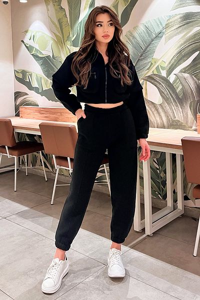 GÜLSELİ Black Bag Pocket Ribbed Front Zipper Sweat Leg Elastic Bottom Tracksuit Double Set