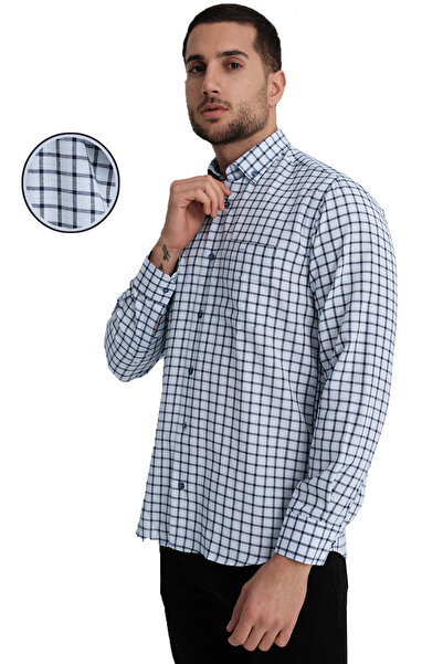 Varetta Cămașă pentru bărbați, albastru, bleumarin, cu mânecă lungă, în carouri, cu croiala clasică, cu buzunare, cu rever, cu nasturi