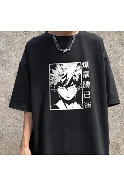 Le Savu Bakugou Принтирана черна унисекс тениска с голям размер Le Savu
