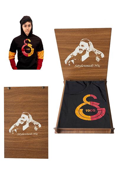 Galatasaray Лицензиран голям емблема черен детски суитшърт подарък İcardi дървена кутия