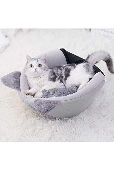 TİNEKE Bal Kabağı Tasarımlı Kedi Evi Yumuşak Kedi Yatağı Derin Uyku Ve Kış Evi Çıkartılabilir Minder Gri