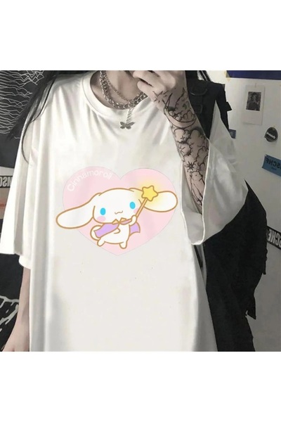 Le Savu Μπλουζάκι Cinnamoroll & Heart με τύπωμα σε λευκό χρώμα Unisex oversiz...
