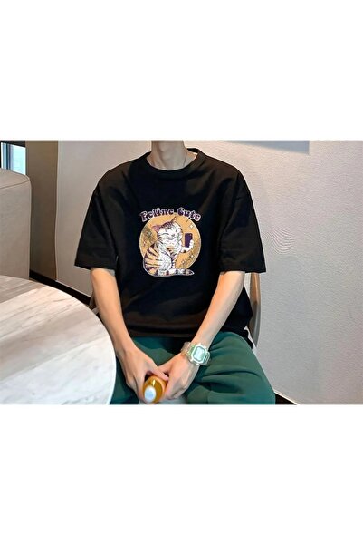 Le Savu Μπλουζάκι Feline Cute με τύπωμα Μαύρο Χρώμα Unisex oversized Le Savu