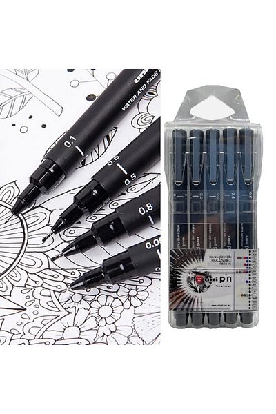 Mandalart Fabric Uni-Pin Fineliner Black Technical Pen Set, 5-Piece Nib Option, 0.1-0.2-0.3-0.4-0.5