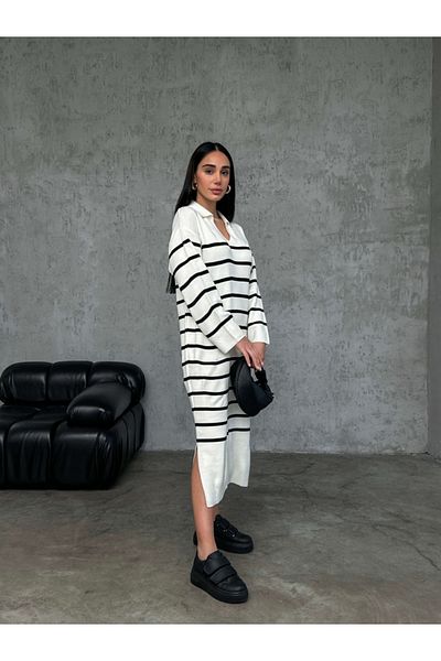 Elif Özbey Butik Λευκό μαύρο ριγέ πλεκτό γιακά φόρεμα