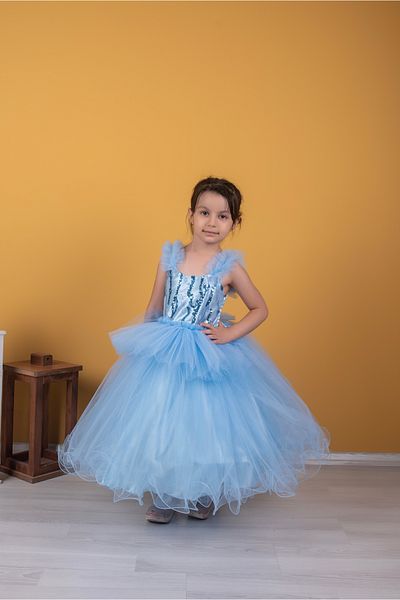 FR Shop F&r Shop Girl's Fluffy-crawling Evening Dress Wedding Dress Wedding Dress Sequin Detailed Ice Blue