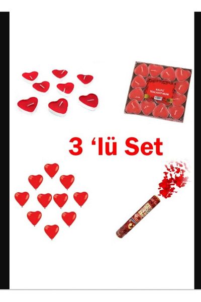 PartAntalya Valentine's Day Special 14 Pieces Heart Tealight Candle 1 Piece Heart Confetti 10 Pieces Heart Balloon Set