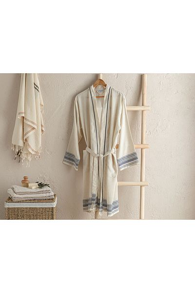English Home Μπουρνούζι Lola Beige-Navy Blue - Βαμβακερό λινό Loincloth