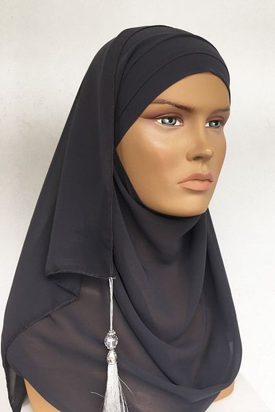 Vera Bonnet Ready Turban Practical Stylish Scarf Hürrem Chiffon Tasseled Anthracite Gray Wrapped Shawl Hijab Bonnet