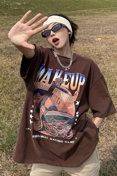 EFBUTİK Brown Unisex Make Up Guitar T-shirt