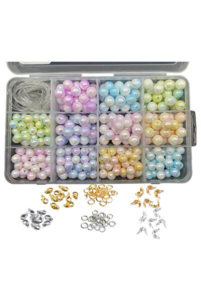 Hedef Bijuteri Kutulu Ebruli Sedefli Janjanlı Pastel İnci Boncuk Ve Metal Kap...