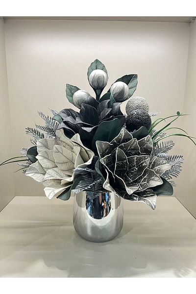 TASARIMHMODA Vază cu model de flori artificiale din metal argintiu - Nr:1