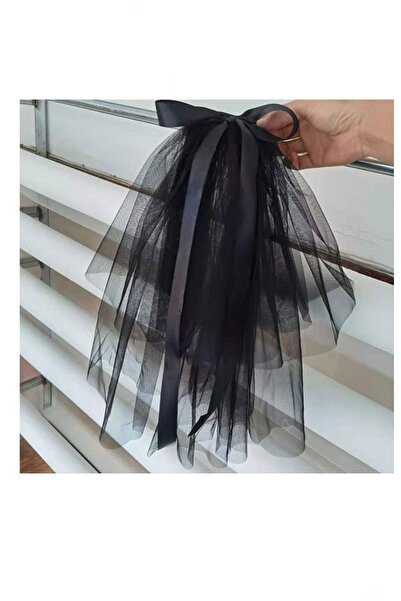 BBA TULLE STORE Voal de mireasă scurt, negru, cu două straturi, cu fundă