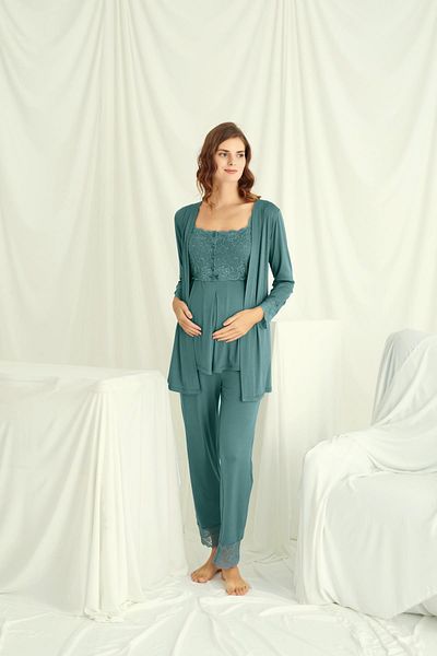 MONAMİSE Monamise Women's Lace Front Buttoned Maternity 3-Piece Pajama Set 18535