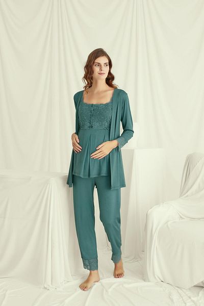 MONAMİSE Monamise Women's Lace Front Buttoned Maternity 3-Piece Pajama Set 18535
