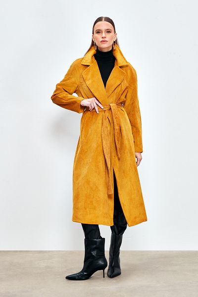Sateen Trench lung din catifea - CAMEL
