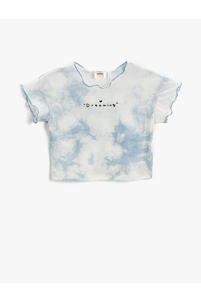 Koton Batik Patterned Crop T-Shirt Text Embroidered Cotton
