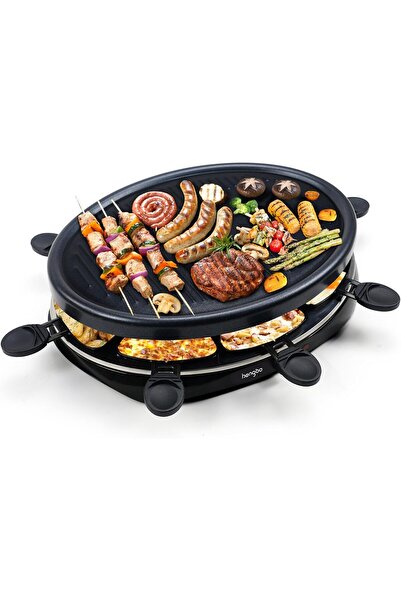 HENGBO Elektrikli Izgara, 8 Raclette Tavası ve 2 Ahşap Spatula, Yapışmaz Kapl...