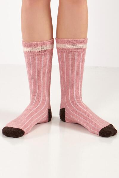 Mısırlı Kadın Alpaka Yünü Kışlık Çemberli Tekli Pembe Soket Çorap - M-3093-p