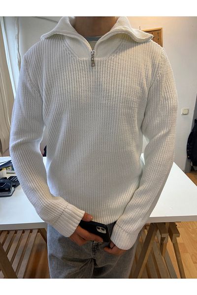 COOL TARZ White Men's Regular Zippered Fishing Knitwear Sweater