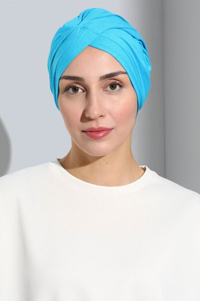 Vera Aura Ready Turban Bonnet Χτενισμένο Βαμβακερό Μπλε Καπό Γυναικείο Hijab Καπό με Σταυρό Ζάντα