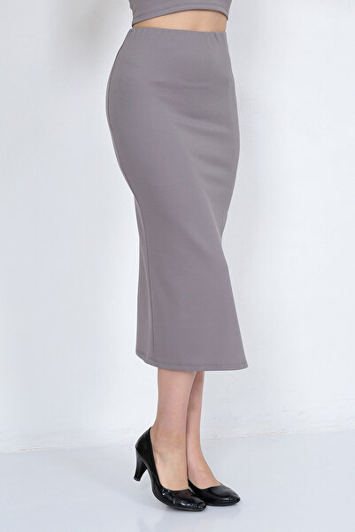 WAYS Kadın Gri Yırtmaç Detaylı Fitilli Uzun Midi Boy Dar Kalem Etek