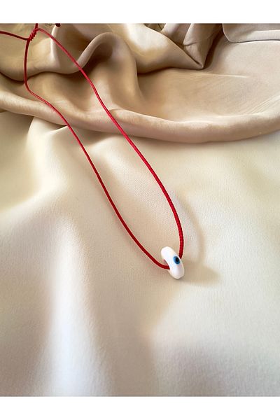 Atelier Çağla Cylinder Evil Eye Beaded Red String Necklace