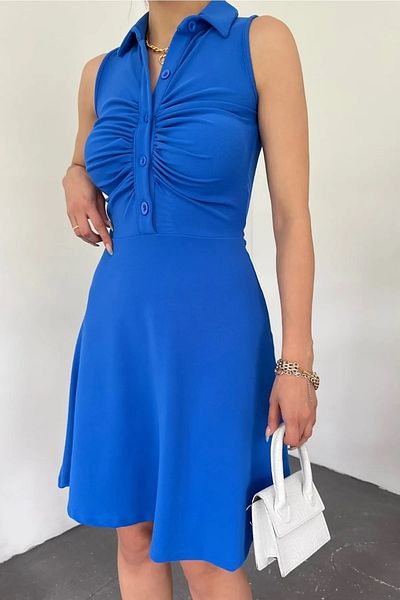 bayansepeti Rochie de seară albastră fără mâneci, cu guler de cămașă, design otoman, țesătură elastică 5060