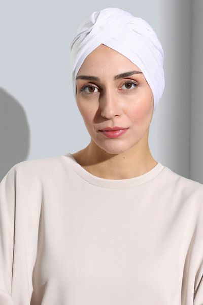 Vera Aura Ready Turban Bonnet Χτενισμένο Λευκό Καπό Γυναικείο Hijab Bonnet με χιαστί λουράκι