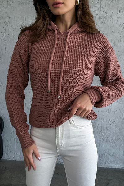 nosia fashion Дамски плетен пуловер с качулка и дълъг ръкав