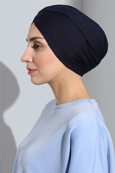 Vera Aura Ready Turban Bonnet Χτενισμένο Navy Blue Bonnet Cross Banded γυναικείο καπό Hijab