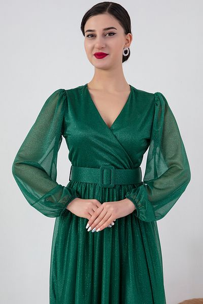 PULLIMM Double Breasted Collar Long Sleeve Glitter Dress with Belt 13369
