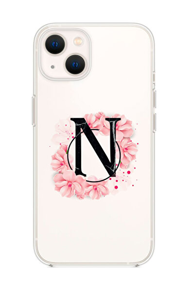 mooodcase Iphone 13 Pembe Çiçek Desen N Harfli Premium Şeffaf Silikon Kılıf