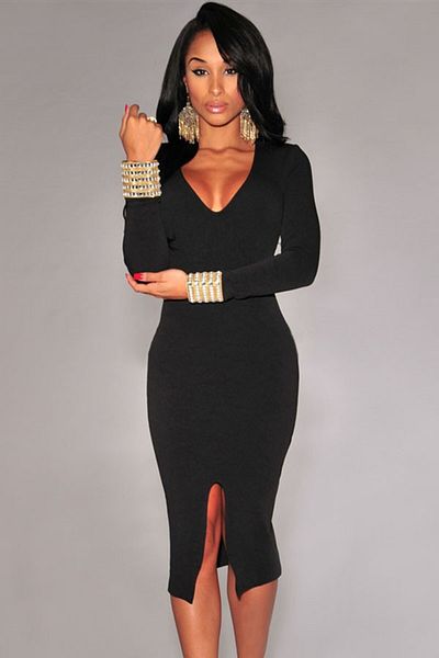ModaLy Moda Rochie midi cu decolteu în V pentru femei Diver, cu mâneci lungi, 6740