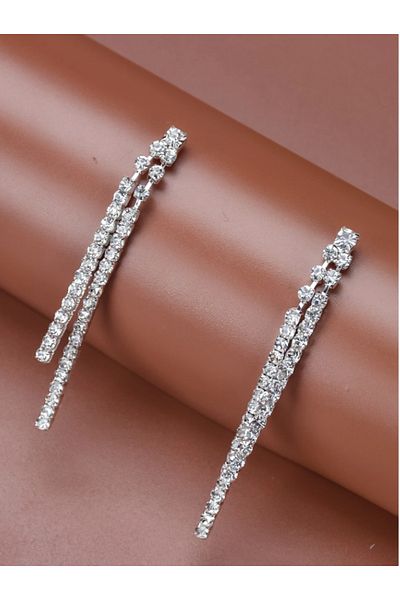 Etique Women's Silver Color Special Design Evening Dress 2 Row Rhinestoned Dangle Waterway Earrings