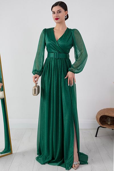 PULLIMM Double Breasted Collar Long Sleeve Glitter Dress with Belt 13369
