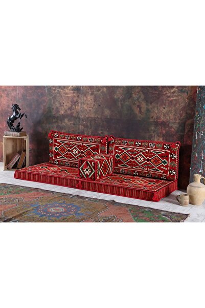 BAKIRÖZÜ HOME Şark Köşesi Takımı, Ev ve Mobilya, Şark Odası 4 Parça Anadolu Kırmızı Boş Kılıf ( Süngersiz)