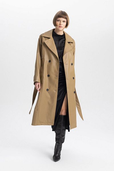 DeFacto Wasserabweisender Trenchcoat aus Kunstleder – zweireihiger Kragen, Knopfverschluss, Gürteltasche A7960ax24sp