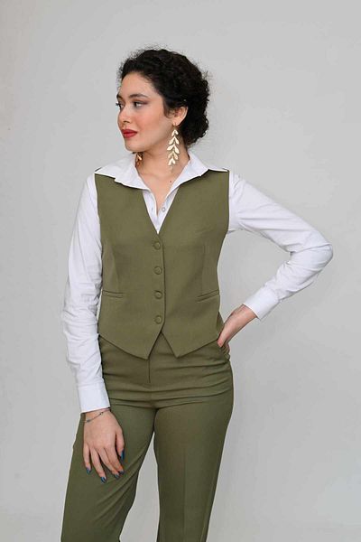 DEFİLE LUX Short Buttoned Vest Sitting on the Body Khaki - Color Series