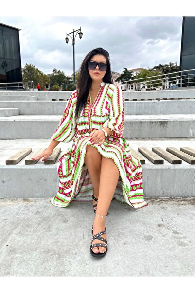 Ferdanur Başaran Oversize Fuşya Geometrik Desen Pamuk Kumaş Maxi Boy Uzun Elbise