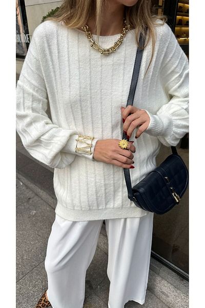 My Blog Women's Bone Boat Neck Ribbed Oversize Sweater