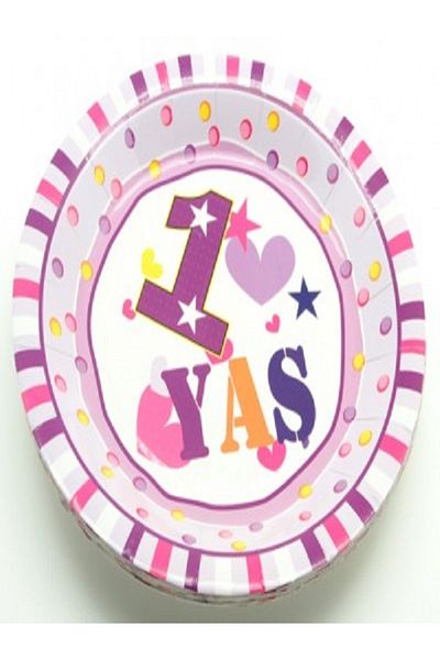 Kazanabil 1 YEAR OLD BIRTHDAY ROUND CARTON PLATE PINK 12 PIECES