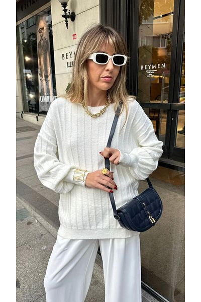 My Blog Women's Bone Boat Neck Ribbed Oversize Sweater