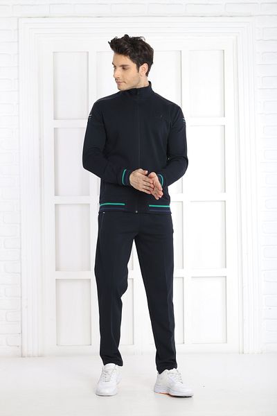 NEED LİFE Men's Navy Blue Comfortable Fit Pocketed Pipe Leg Stand Collar Embroidered Double Cotton Tracksuit Set