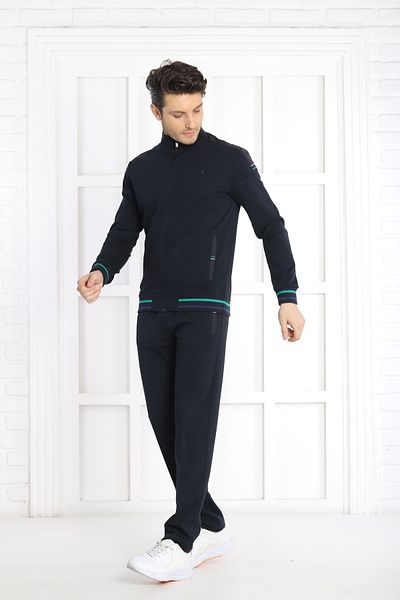 NEED LİFE Men's Navy Blue Comfortable Fit Pocketed Pipe Leg Stand Collar Embroidered Double Cotton Tracksuit Set