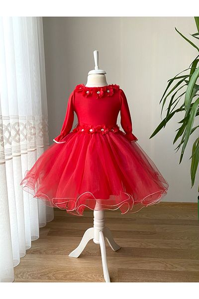 BerrinceTasarım Long Sleeve Children's Evening Dress with Floral Tulle Skirt